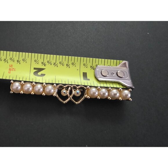 Sarah Coventry Waltz Time Gold Tone Faux Pearl & Rhinestone Heart Bar Pin - Picture 4 of 4